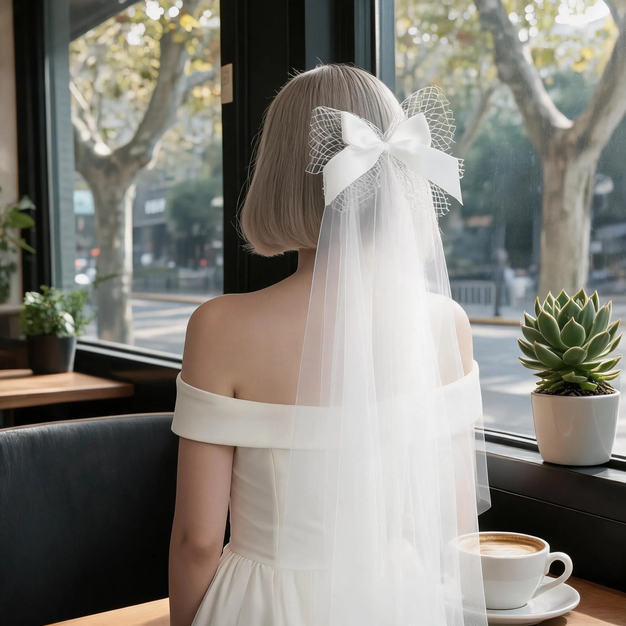 White Double Layer Tulle Wedding Veil with Comb Elbow Length Bridal Veil with Satin Bow Grid Mesh for Church Outdoor Photo Shoot