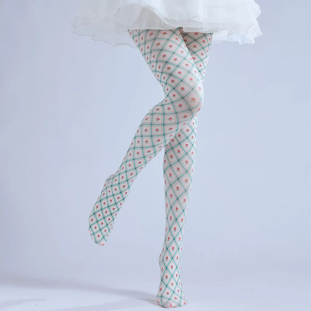 Lolita Tights Body Stockings Women Cute Grid Flowers Hosiery Leggings Sweet Girl High Waist Elastic Slim Pantyhose Ballet Socks