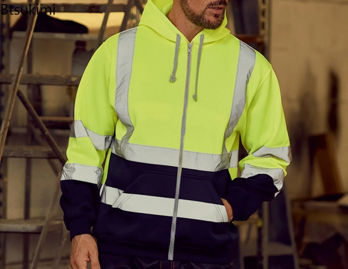 Reflective High Visibility Safety Hoodies Men and Women Long Sleeve Fleece Sweatshirts Fashion Colorblock Outdoor Work Clothes
