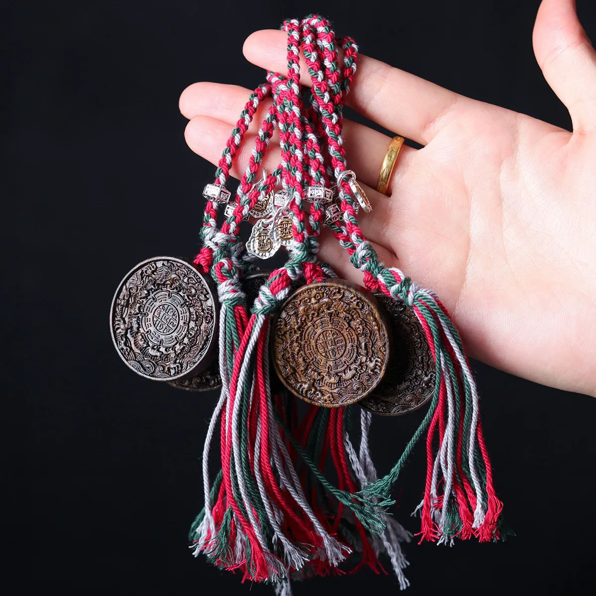 Chinese Style Tibetan Nine Palaces Bagua Agarwood Pendant Good Luck Blessing Amulet Handwoven Tassel Keychain Car Bag Hanger For