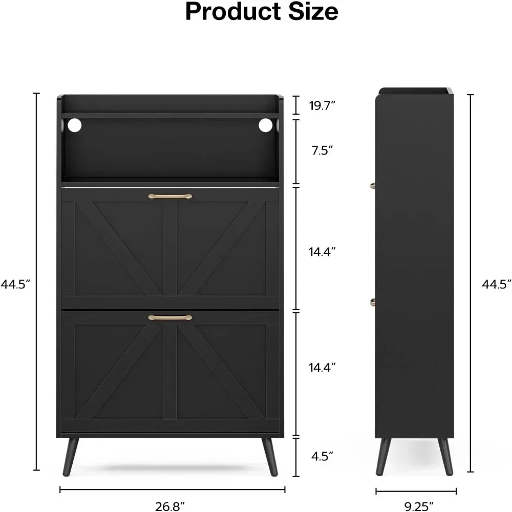 LED Shoe Storage Cabinet with 2 Flip Drawers, Freestanding Organizer with Open Storage and Wood Legs