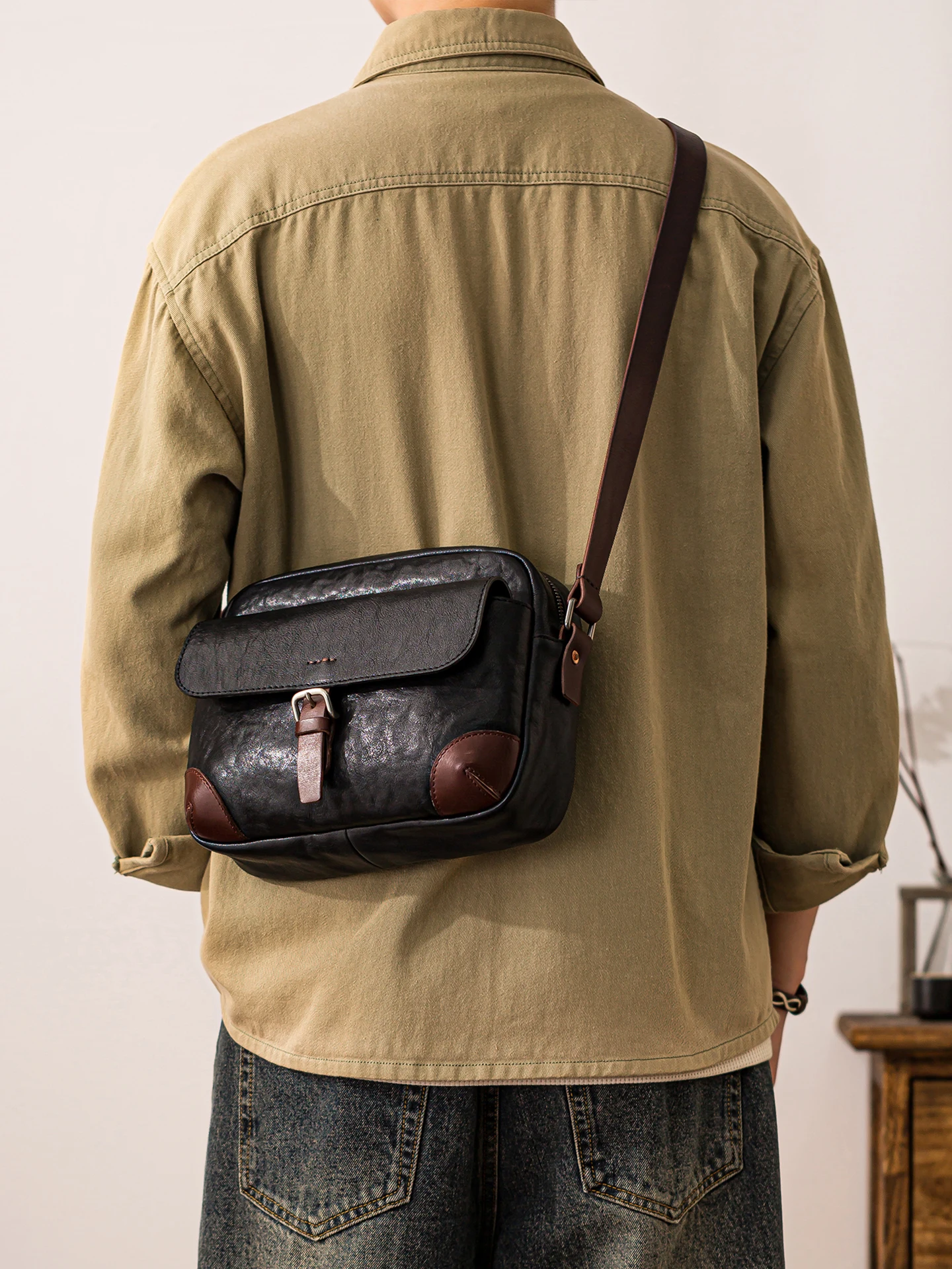 

fashion casual luxury genuine leather men's shoulder bag organizers designers handmade first layer cowhide black crossbody bag