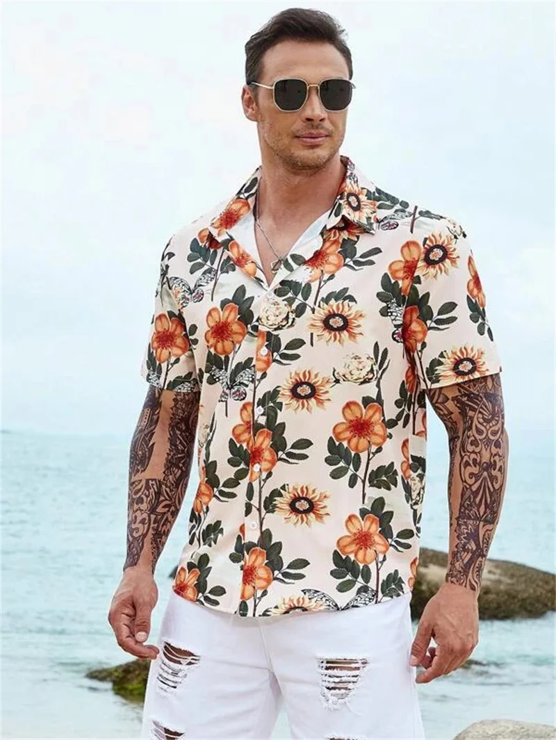 2023 Cuban collar Hawaiian shirts Men\'s summer plant print shirt Men\'s loose beach tops Outdoor social street men\'s clothing