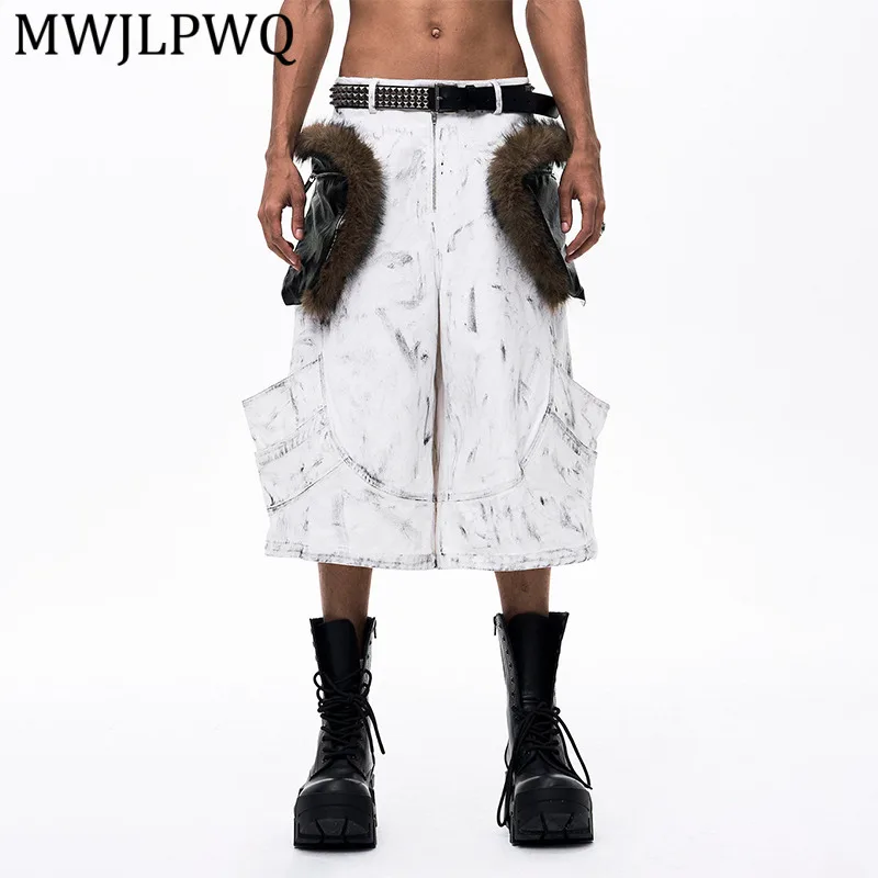 

MWJLPWQ White Distressed Cropped Shorts Men's Summer Lightweight Multi-Pocket Fur Patchwork Mid-Length Pants For Men Chic 15706