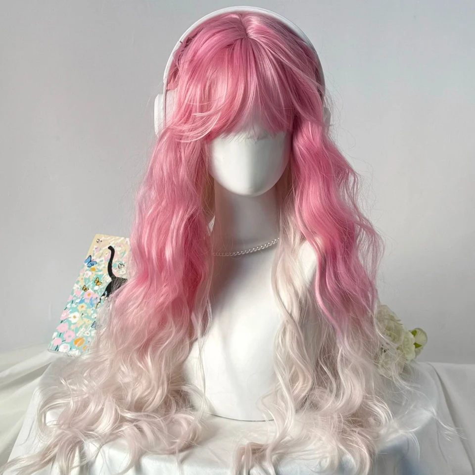 Ombre Pink Cosplay Wigs With Bangs Long Wavy Curly Loose Lolita Synthetic Wig for Women Heat Resistant