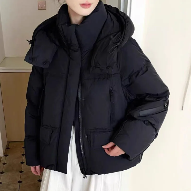 เสื้อแจ็คเก็ตขนเป็ดผู้หญิงแบบใหม่ ฤดูใบไม้ร่วง/ฤดูหนาว ปี 2025  แบบมีฮู้ด สไตล์ลำลอง  ให้ความอบอุ่น  แบบสั้น