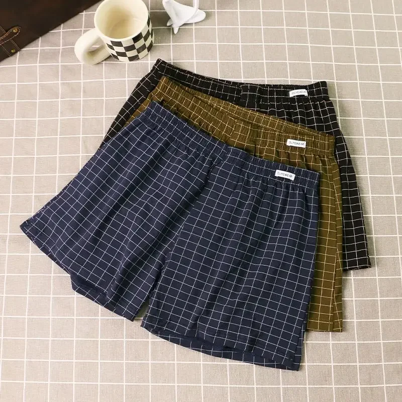 4Pcs Mens Underwear Boxers Shorts Casual Cotton Sleep Underpants Homewear Men Panties Striped Plaid Loose Comfortable Underwear