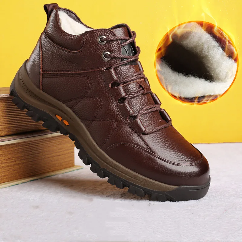 Winter Genuine Leather Wool Boots Men\'s Casual Shoes Top Layer Leather Casual Men\'s Hiking Boots Botas Masculinas Botin Hombre