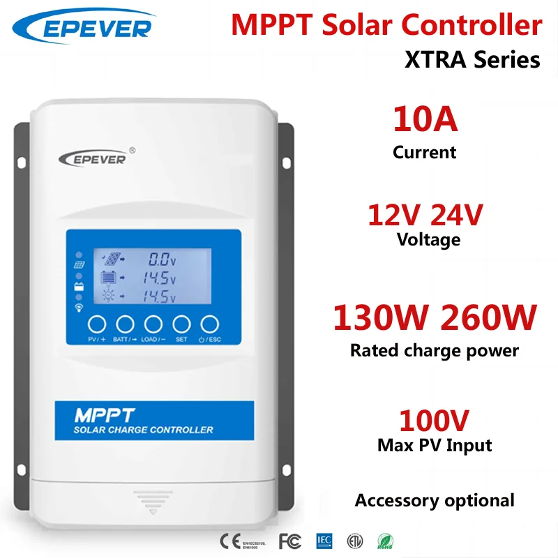 

XTRA1210N EPEVER 10A MPPT Solar Charge Controller 12V24V Max PV 100V Solar Panel Charger Regulator With Accessory Optional