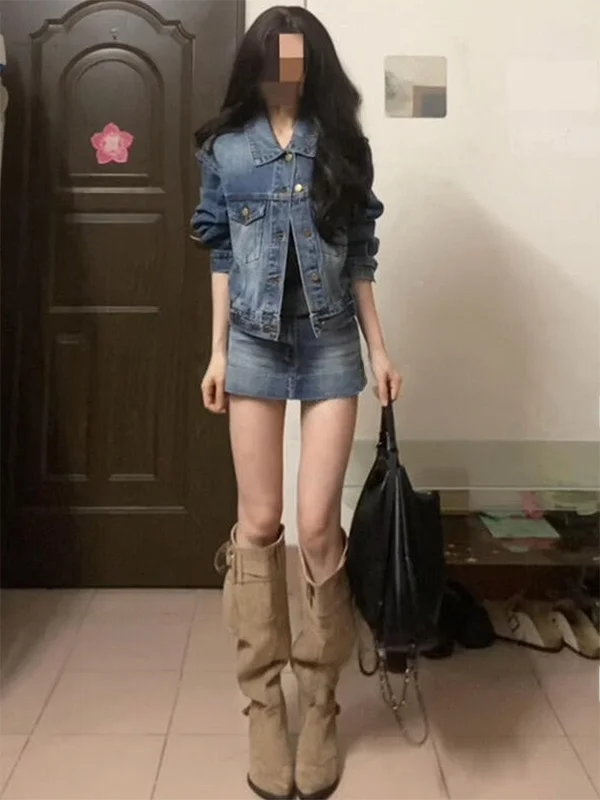 

Retro Hong Kong Style Loose Fit Slimming Denim Set Low Waist Short Skirt Pants Women's Fashion Spring Autumn New Arrival Two ...