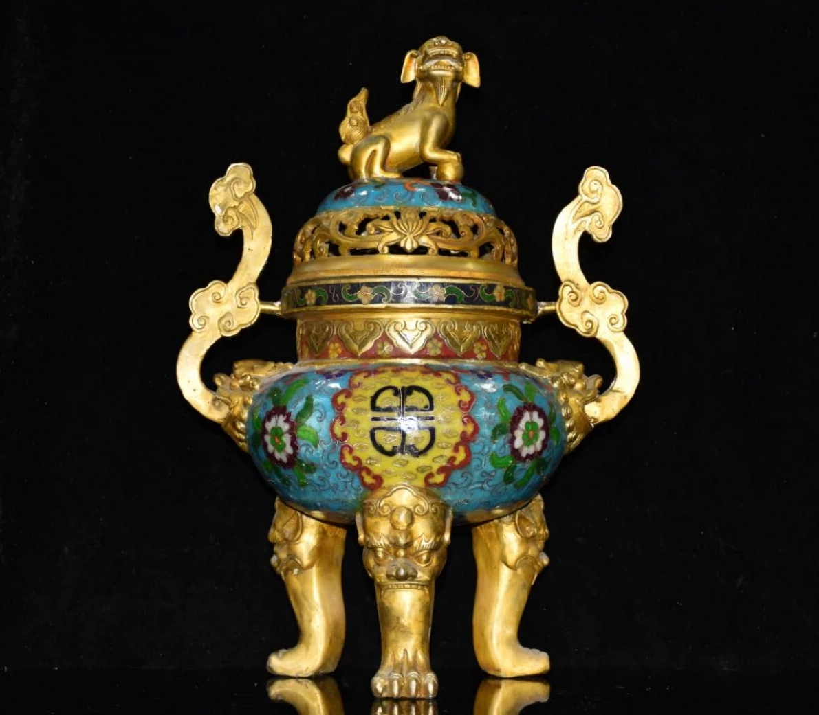 

16"Tibetan Temple Collection Old Bronze Cloisonne Lion Ruyi binaural three legs incense burner ornament Town house