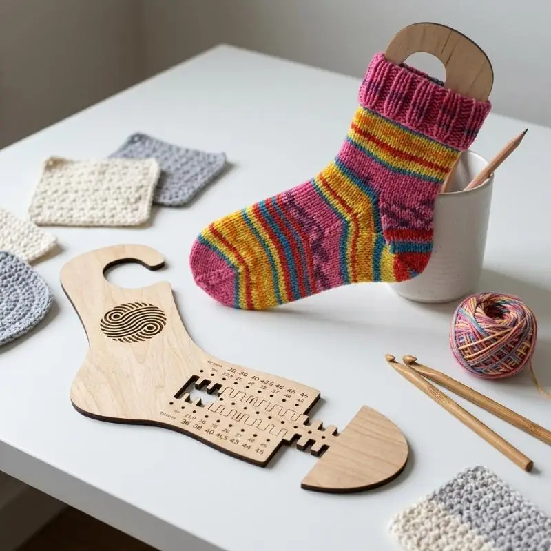 Sockenformen aus Holz mit präzisen Größenangaben, polierte natürliche Holzoberfläche, ideal für Strickbegeisterte und DIY-Sockenprojekte. – Detail 4