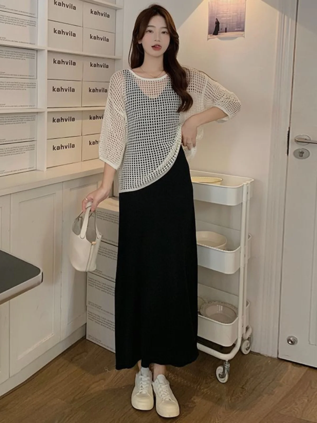 

plus Size Women's Summer New Sle Knitted Ice Silk Hollow Outwear Clothes Breathable Loose Fit round Ne Nine Sve Length