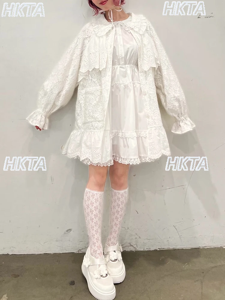 Vestido de manga larga con volantes y encaje bordado japonés para mujer, novedad de otoño, vestido camisero holgado de talla grande con cuello con volantes