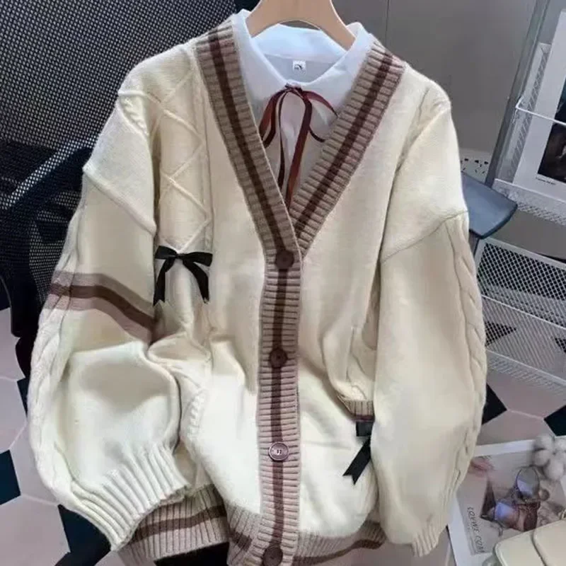 Sweet Bow Sweater Cardigans Women Y2K Aesthetic Contrast Color V-Neck Knitted Cardigan Kawaii Jk Single Breasted Sweaters Coat