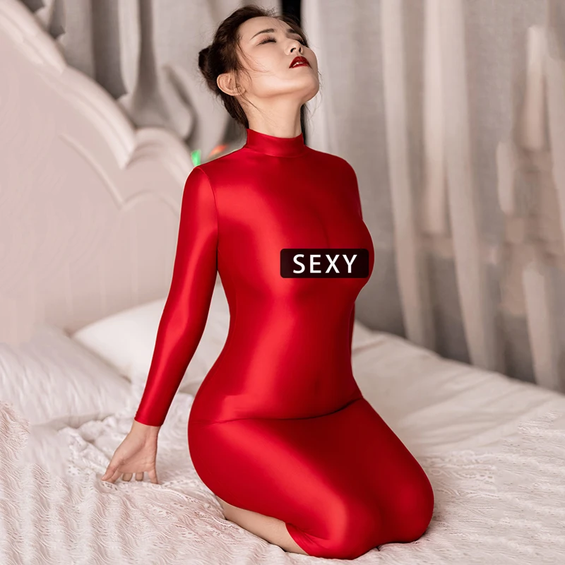 New Sexy Women see through Dress Glossy Stretch Shiny Smooth Tight long sleeves Skirt buttocks nightdress