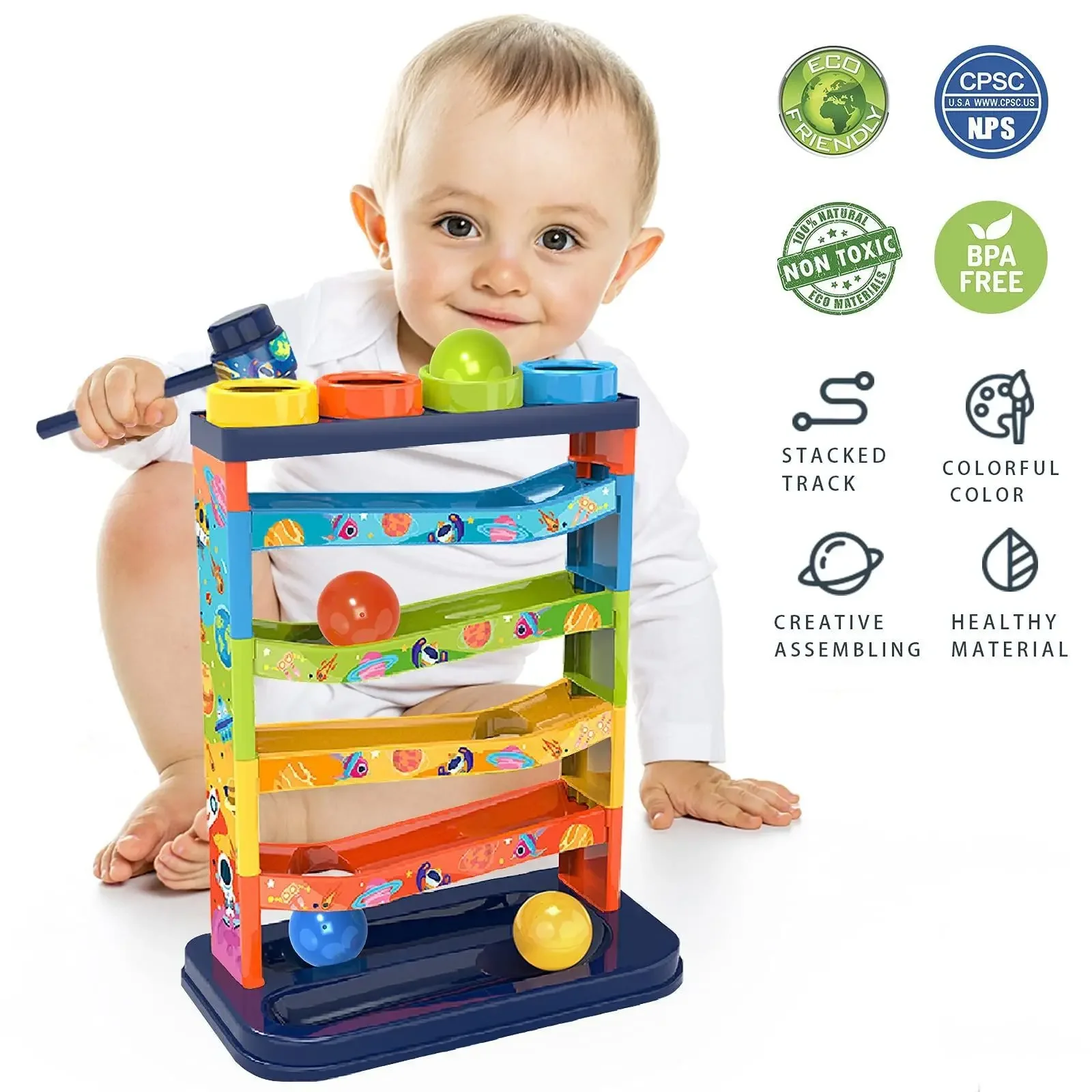 Stacking Ball Colorful Track Slide Rolling Ball Early Educational Knocking Toys Children's Fun Knock Music Piling Table
