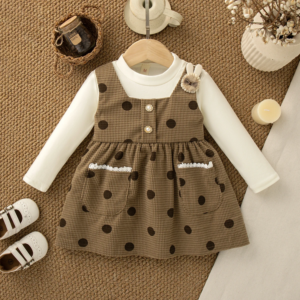 طفلة فستان الربيع والخريف طباعة كاملة البولكا نقطة طويلة الأكمام فتاة فستان لطيف الكرتون فتاة الأميرة فستان ملابس الطفل جير