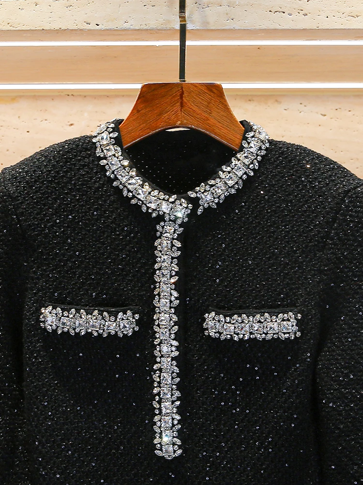 Dr lavorato a maglia di lusso con gonna a trapezio a vita alta Diamo impreziosita Ele Chic Sle Fibra di poliestere Lunga Sve