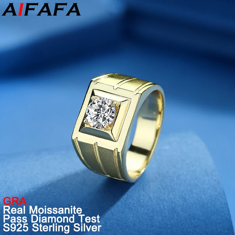 AIFAFA 1 Carat D Color Moissanite Gold Color Rings for Men Women Sparkle Lab Diamond Wedding Band S925 Solid Silver Jewelry GRA