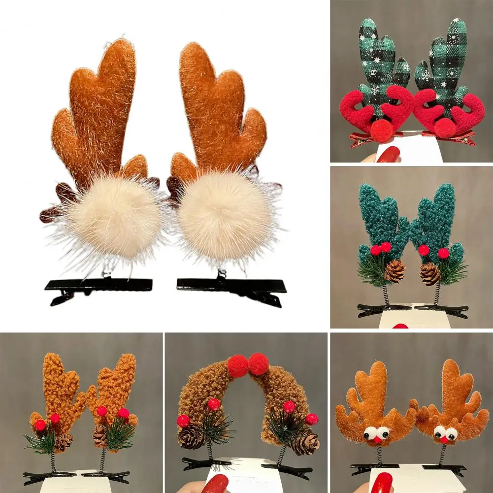 Antler Hair Clips Christmas Hairpins Festive Hair Accessories Antler Plush Ball Santa Hat Red Berry Hair Clips for Kids'