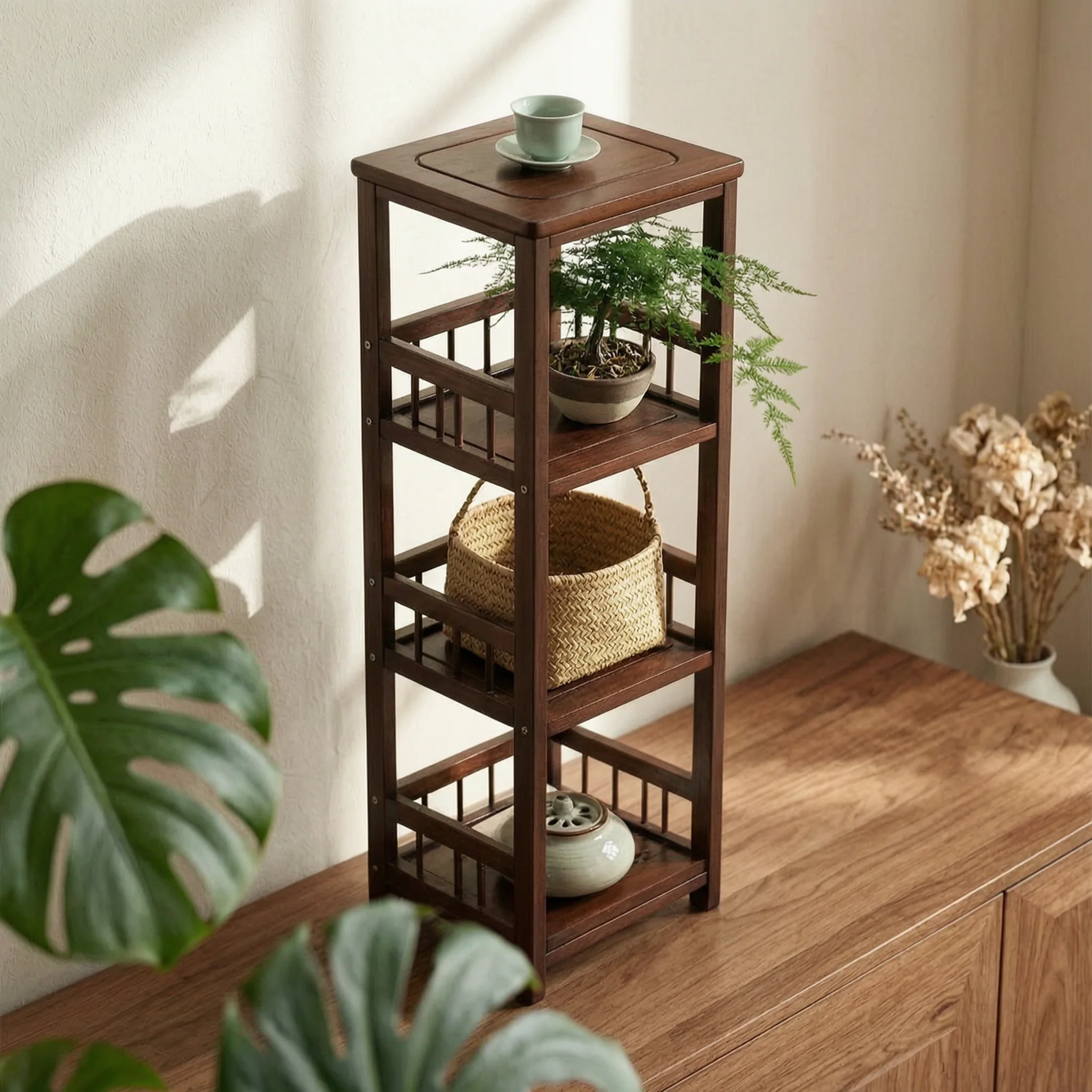 Storage Rack Cabinet Multi-Tier Display Rack with Cabinet Wooden Display Shelf Freestanding Furniture Free Standing