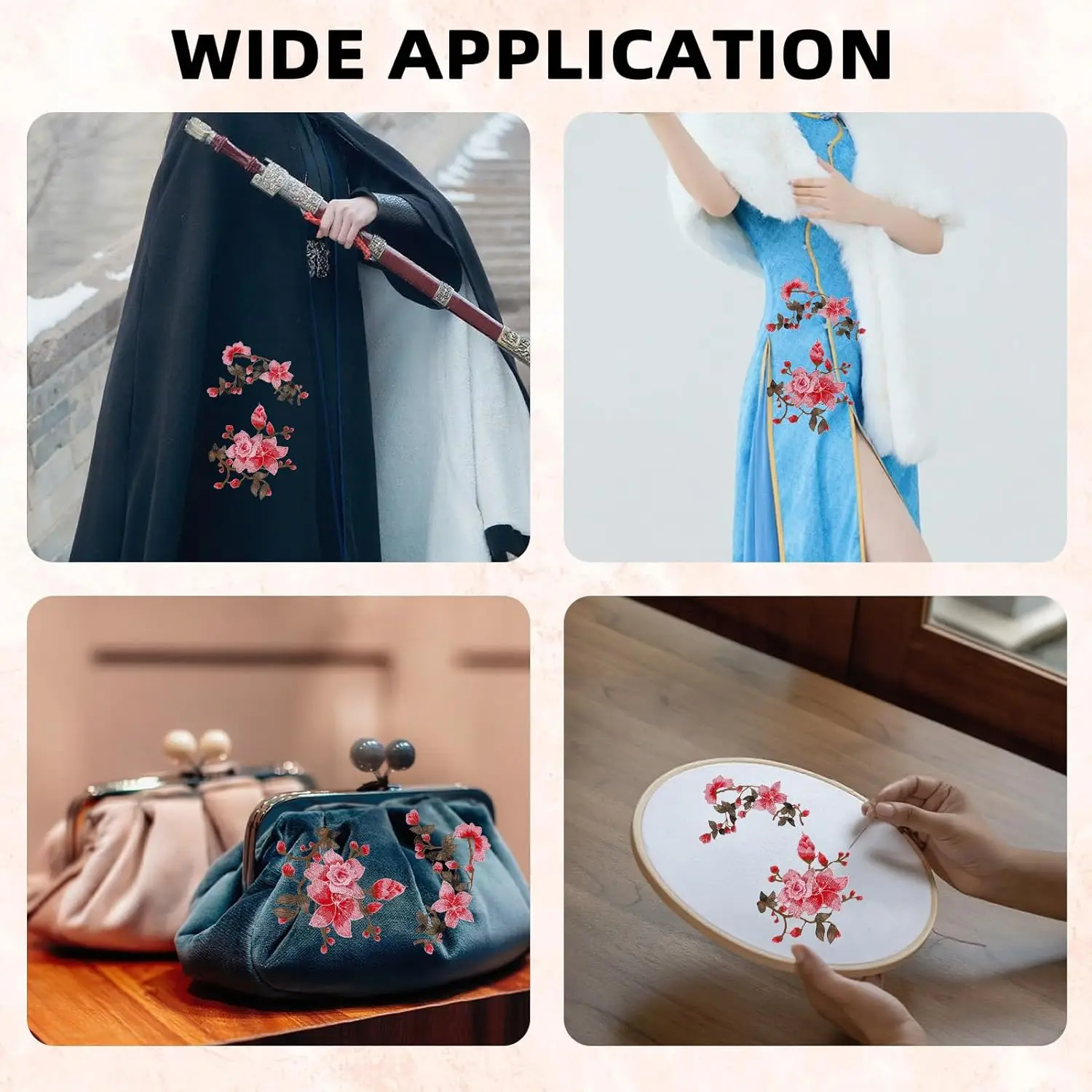 1 Pair Brown Pink Flower Embroidery Patches Fabric Wedding Dress Bags Clothing Accessories Sewing DIY Repair view 6