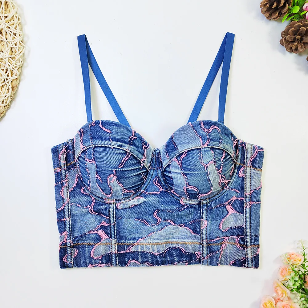 New Arrival Retro Denim Bralette Print Bra Top for Women with Fish-bone European and American Style Summer Wear Jean Strap Bra image 2