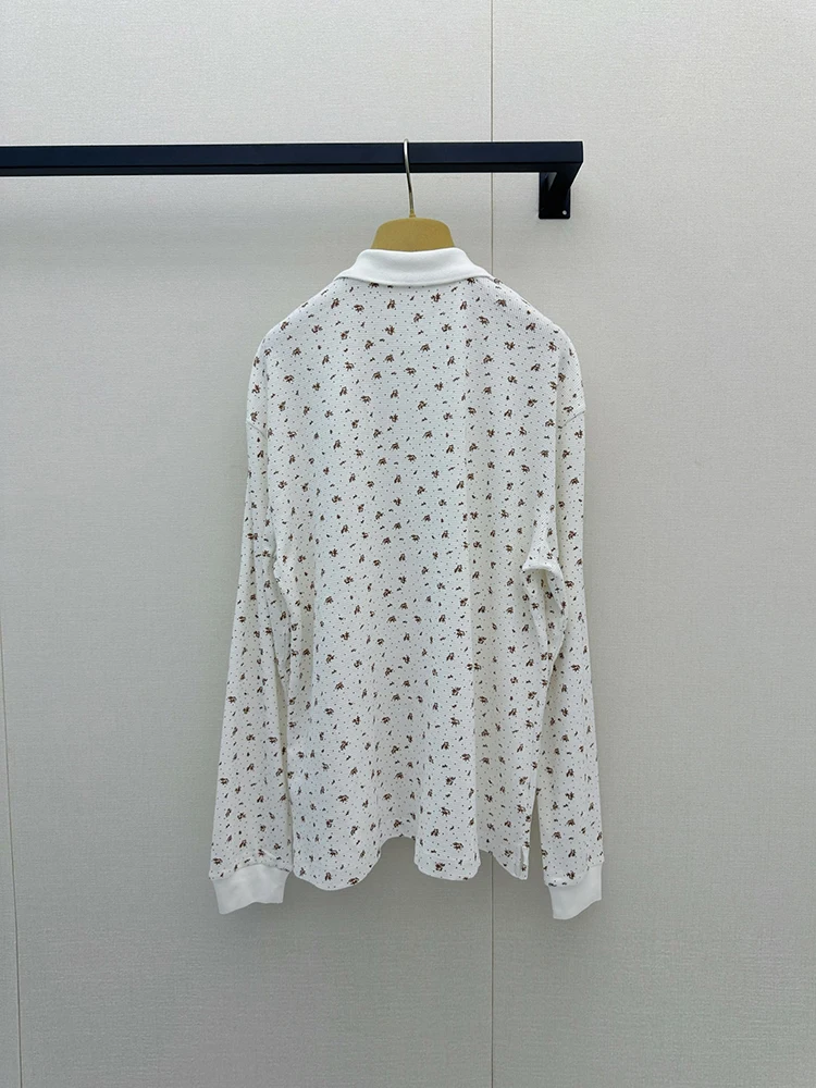 Spring Summer Fashion Small Broken Flower Print Cotton Polo Shirt Women's Turn-down Collar Button Loose Long Sleeve Shirt