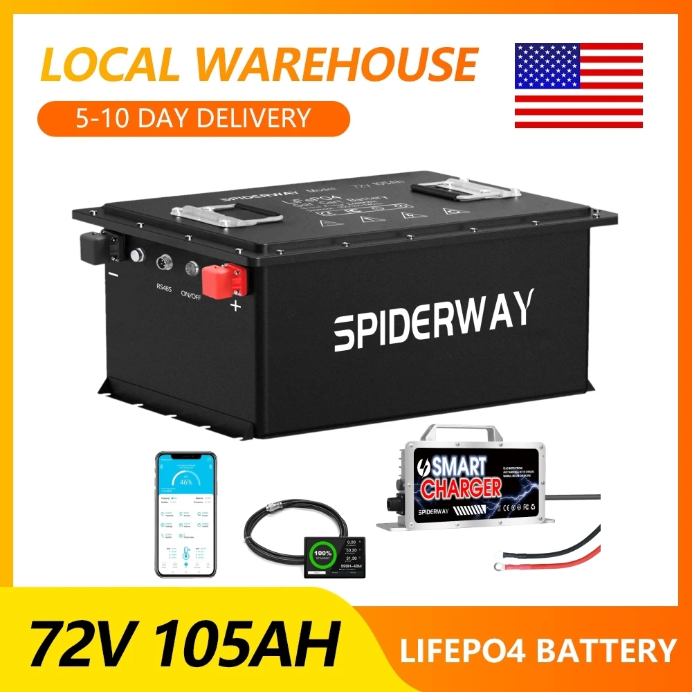 

Литиевая батарея LiFePO4 72 В, 105 Ач с зарядным устройством 25 А для гольф-кара, солнечной морской автономной сеткой, поддержка Bluetooth и мобильного приложения