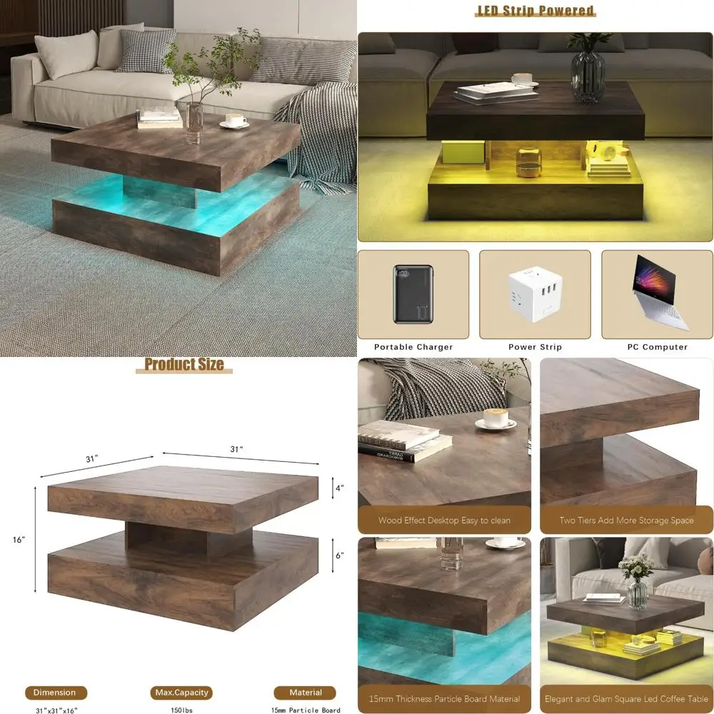 Nowoczesny stolik kawowy do salonu, dwupoziomowy kwadratowy stolik centralny o współczesnym designie, stylowe meble do salonu