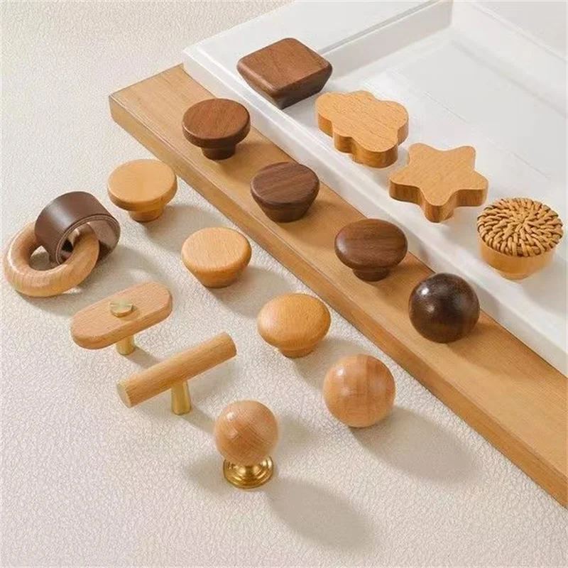 Solid Wood Single-Hole Drawer Handles Round  Square Cartoon Wooden Cabinet Wardrobe Door Knobs Children's Room Furniture Pulls