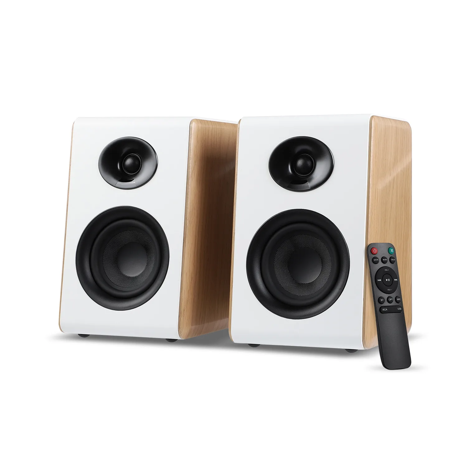 

S600 Bluetooth Bookshelf Speaker Active Home Audio 50WX2 HiFi Output Subwoofer White Wood ARC/USB/RCA Inputs 24bit 48Khz
