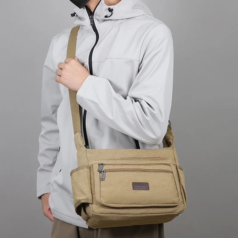 Fashionable and Casual Men's Shoulder Bag Multi Compartment Canvas Crossbody Bag Suitable for Daily Outings Travel Commuting
