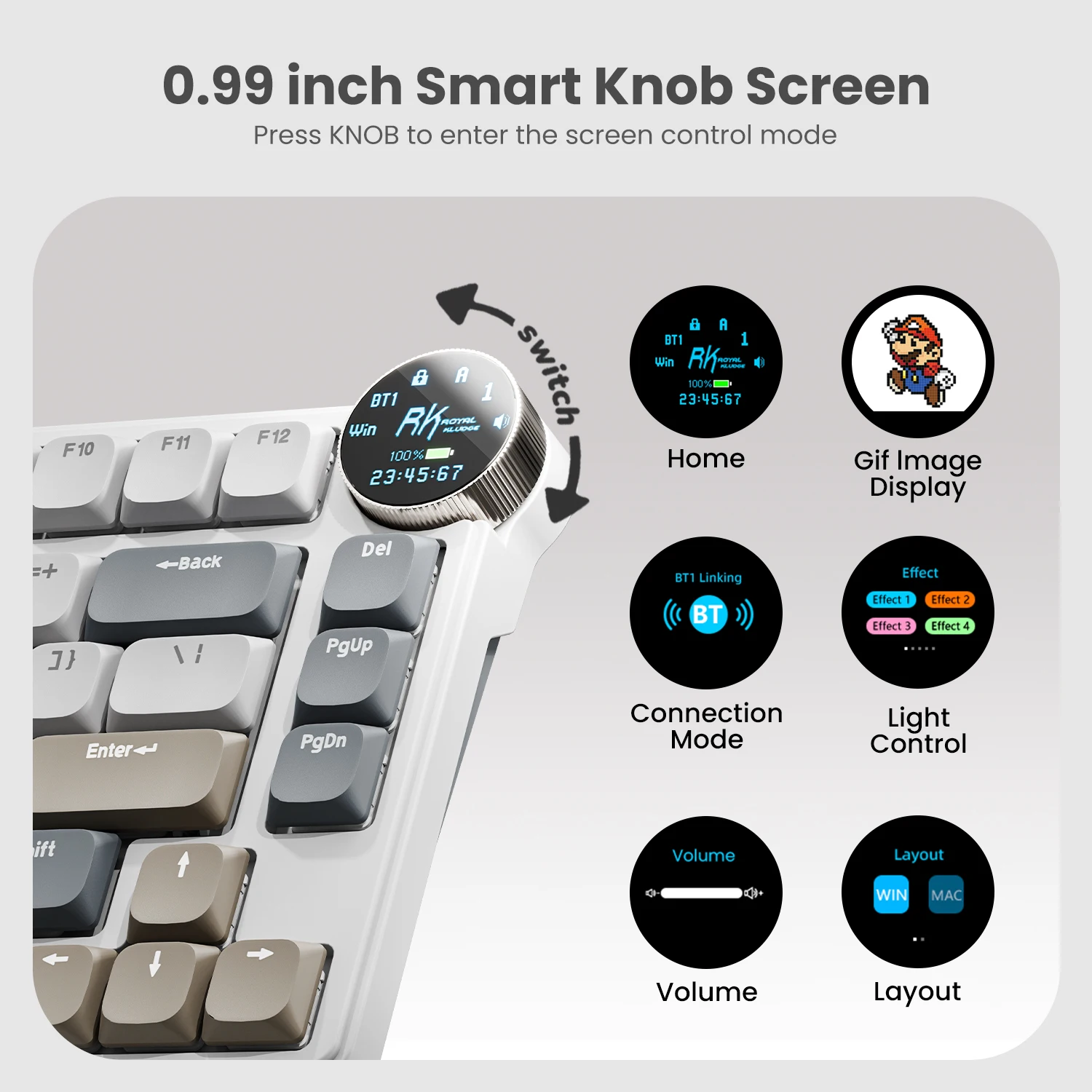 Royal Kludge RK N80 Low Profile Mechanical Keyboard Wireless Bluetooth 2.4G Wireless With 80 Key 80% RGB Backlit TFT Screen