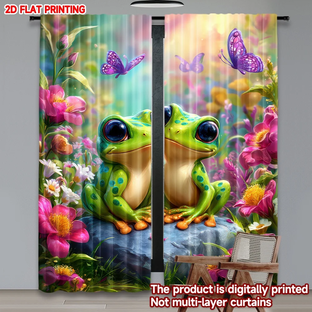 

2D flat printing 2pcs Drapes Frogs Among Flowers Digital Printed Polyester Drapes Festive Curtains Perfect for Yard & Garden