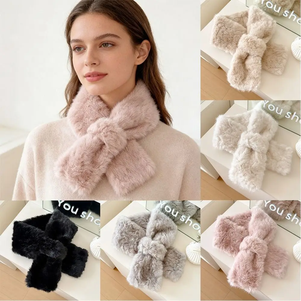 

Elegant Fake Fur Cross Collar Scarf Winter Warm Thicken Neck Scarf Faux Rabbit Fur Scarf Women