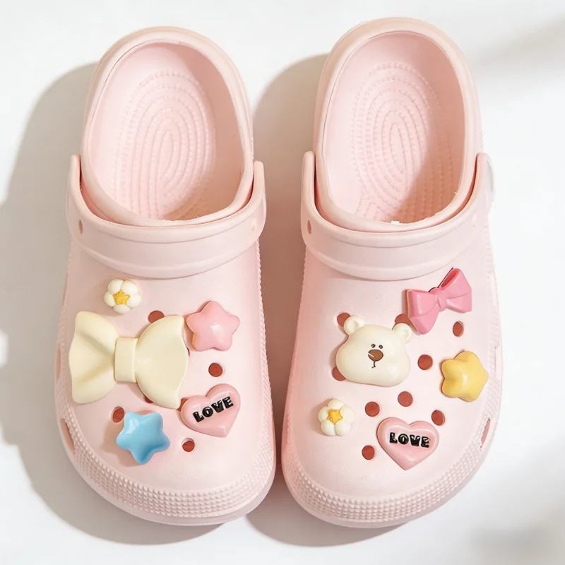 Neues 10-teiliges Kawaii Schleifenbär-Schuhcharms-Set: Pastellfarbene Stern- und Herz-Schuhdekorationen für Clogs und Sandalen – Süße DIY-Schuhaccessoires