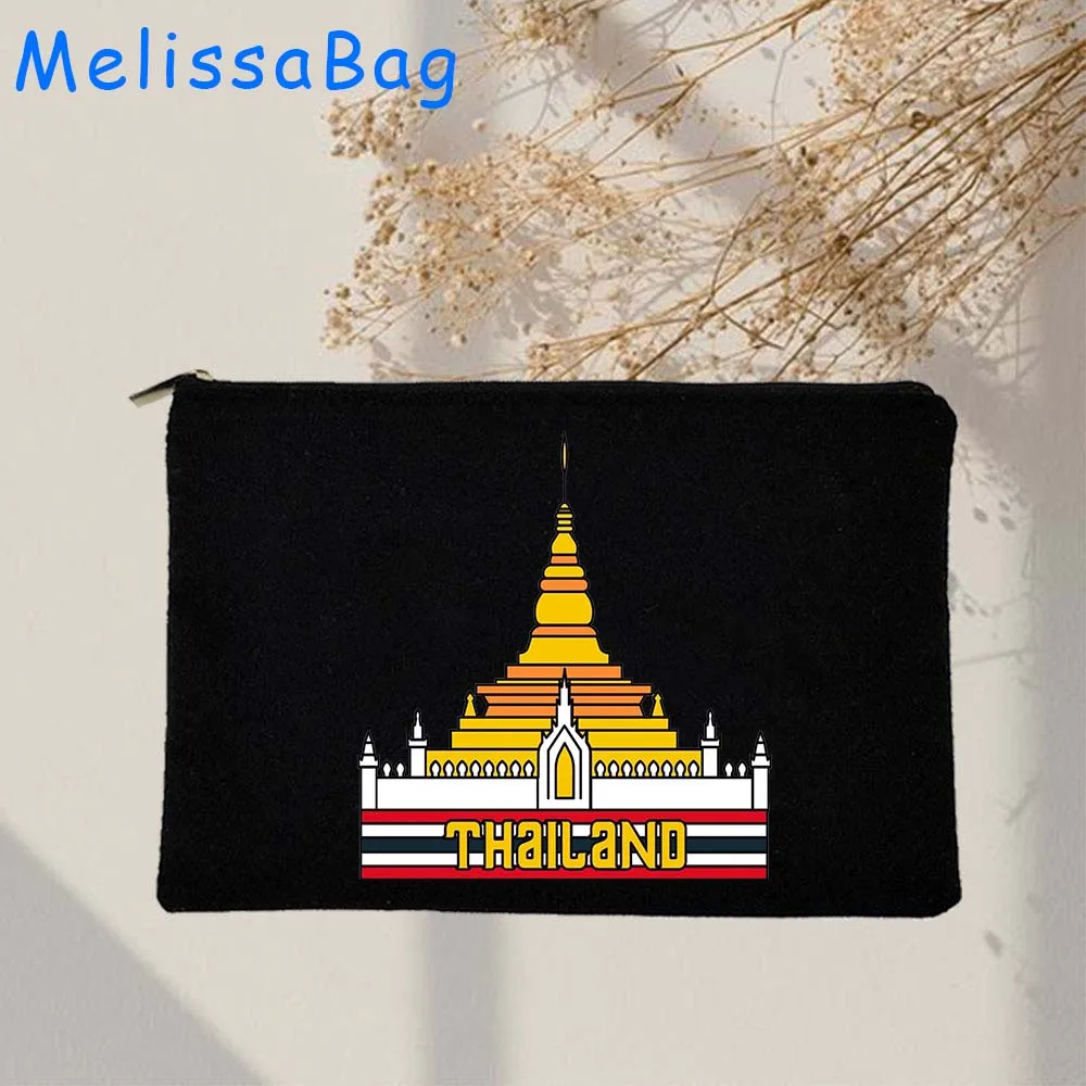 BANGKOK PHUKET Thailand Flag GRAPHIC Wat Arun Temple of Dawn Canvas Bags Cosmetic Storage Makeup Bags Pencil Case Zipper Pouch