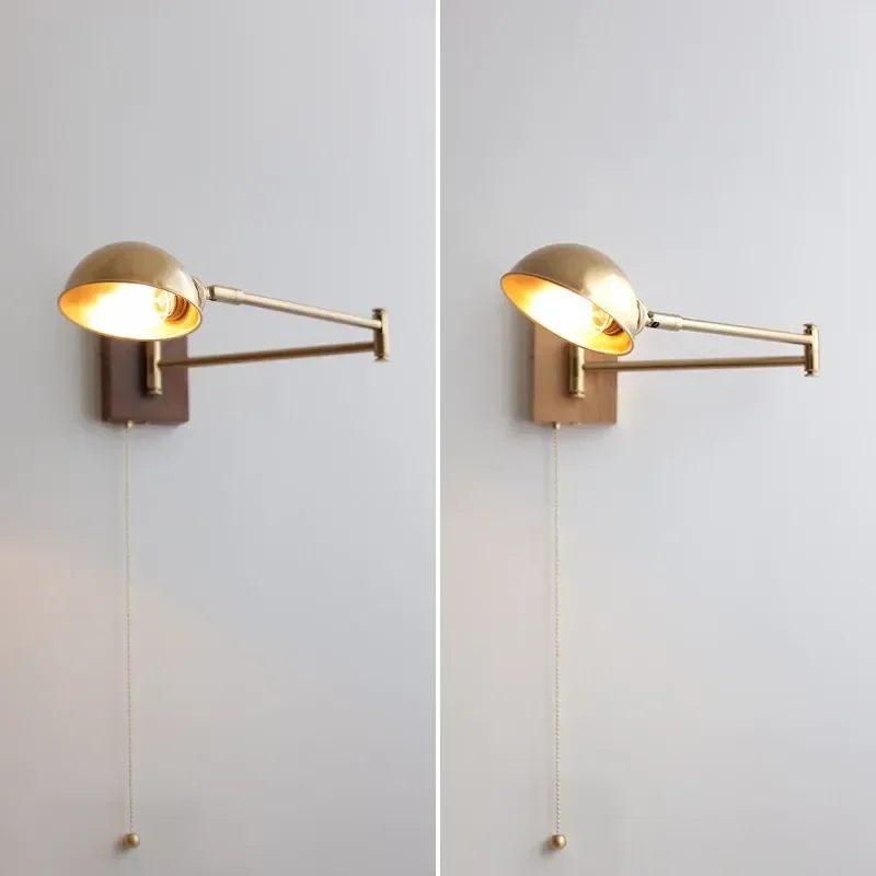 

Walnut Ash Wood Canopy LED Wall Light Fixtures Pull Chain Switch Copper Arm Left Right Rotate Bedroom Beside Lamp Sconce