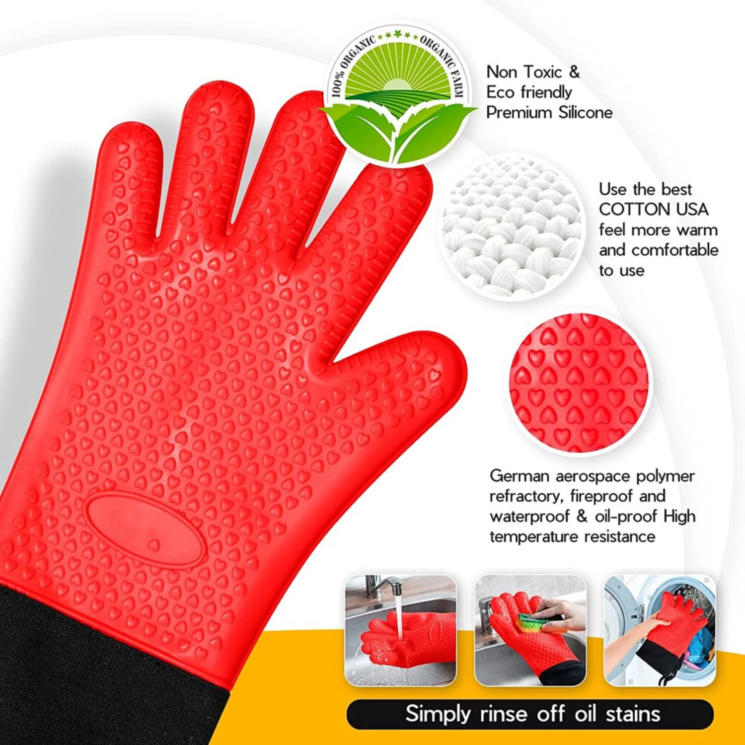 Professional Oven Mitts, Heat Resistant Silicone Oven Gloves , Long Sleeve Waterproof, Fireproof, Food Grade Kitchen Cooking Glo