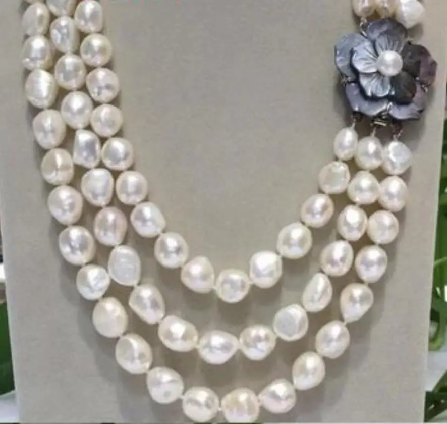 3ROW 9-10MM WHITE BAROQUE FRESHWATER PEARL NECKLACE 18-20inch