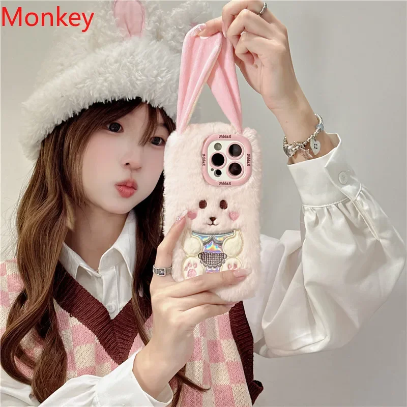 3D Cartoon Plush Phone Case For Apple iPhone 16 Pro Max Case 15 14Plus 13 12 11 Furry Rabbit Bunny Shockproof Silicone Fur Cover