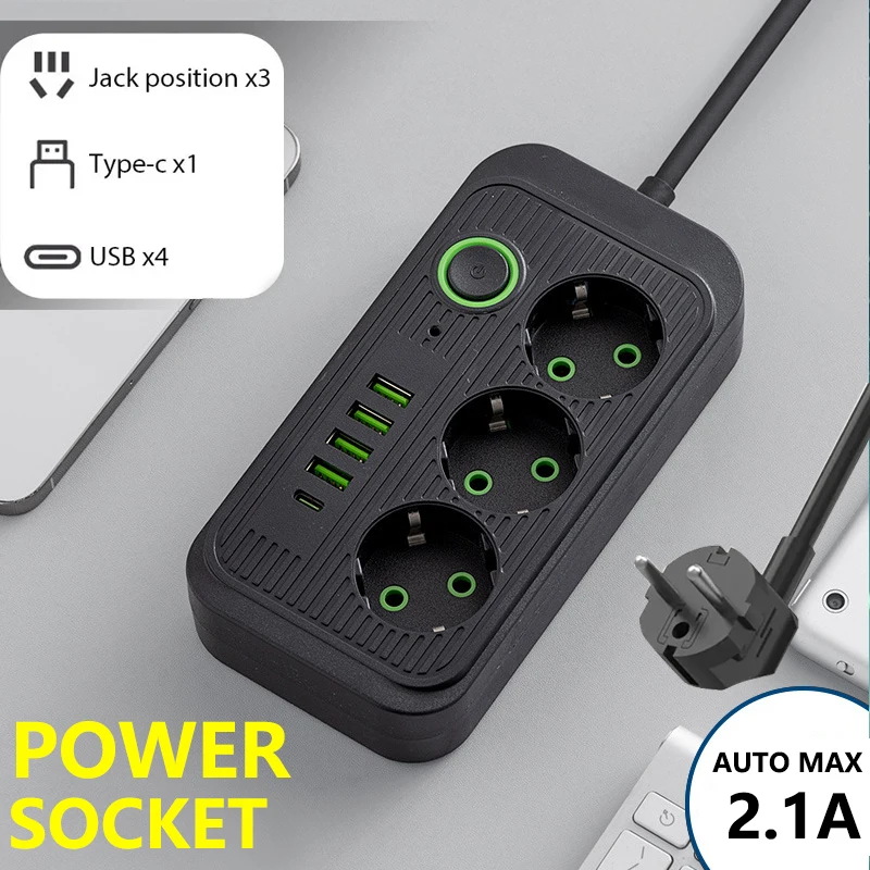 EU Plug AC Outlet Power Strip Multiprise Extension Cord Electrical Socket With USB Type C Fast Charging Network Filter Adapter