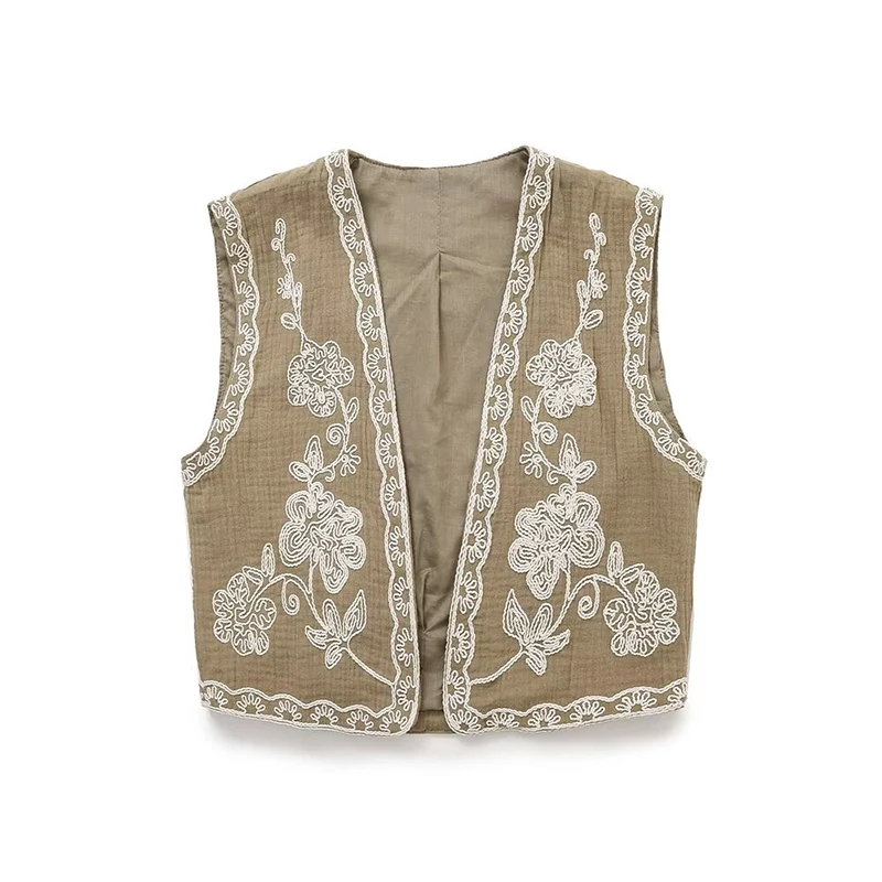 

YENKYE 2024 Women Floral Embroidery Crop Vest Sexy Sleeveless Female Cardigan Waistcoat Summer Tops