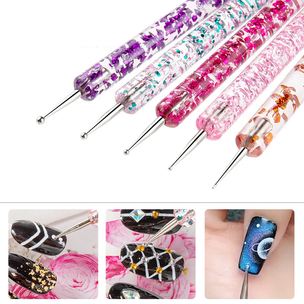 5pcs/box Double Headed Point Drill Pen Set Colored Acrylic Nail Dot Flower Pen Transparent Dot Flower Needle Pen Nail Art Tools