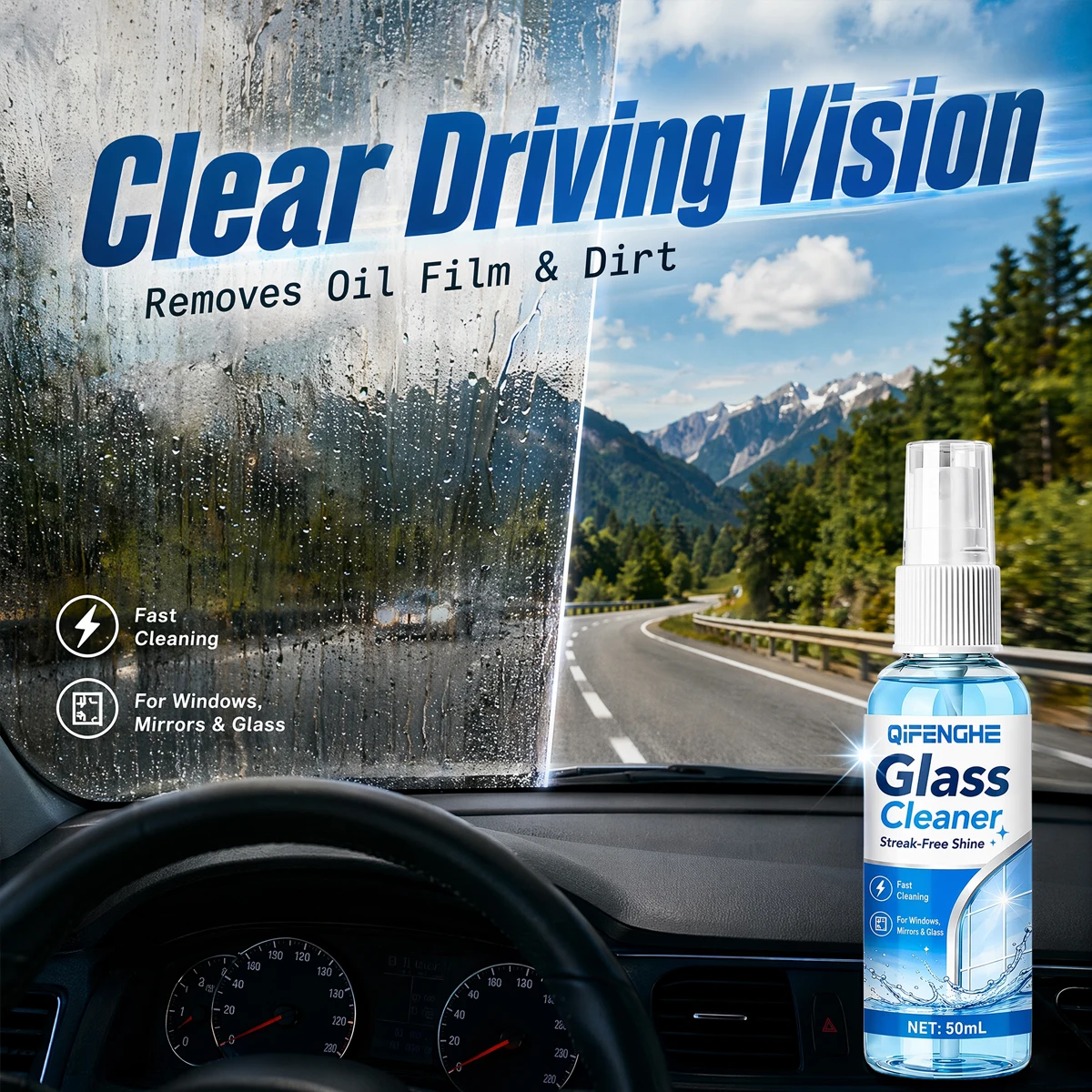 Car Glass Cleaner Spray, 50ml Streak-Free Windshield Cleaner, Fast Remove Oil Film & Dirt, Auto Glass Cleaning Solution for Car