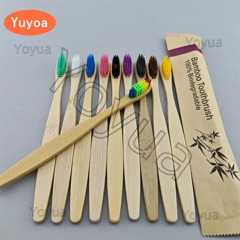 100pcs 대나무 칫솔 다채로운 칫솔 Resuable 휴대용 성인 나무 부드러운 치아 브러쉬 홈 여행 호텔