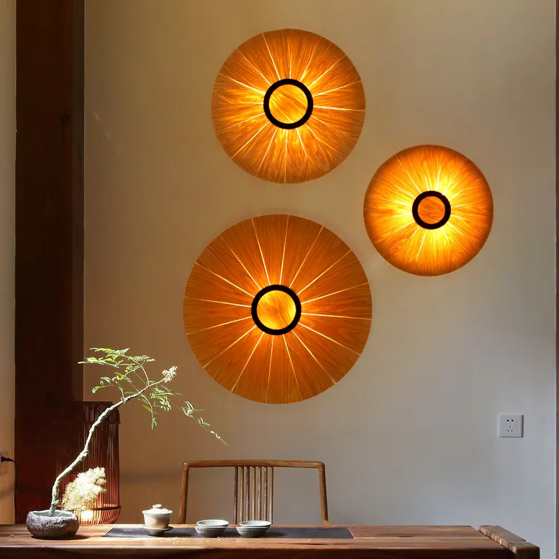 Wood veneer round large wall lamp 15/19/27 inches living room dining room club hall corridor aisle lamp tea room wall lamp E27