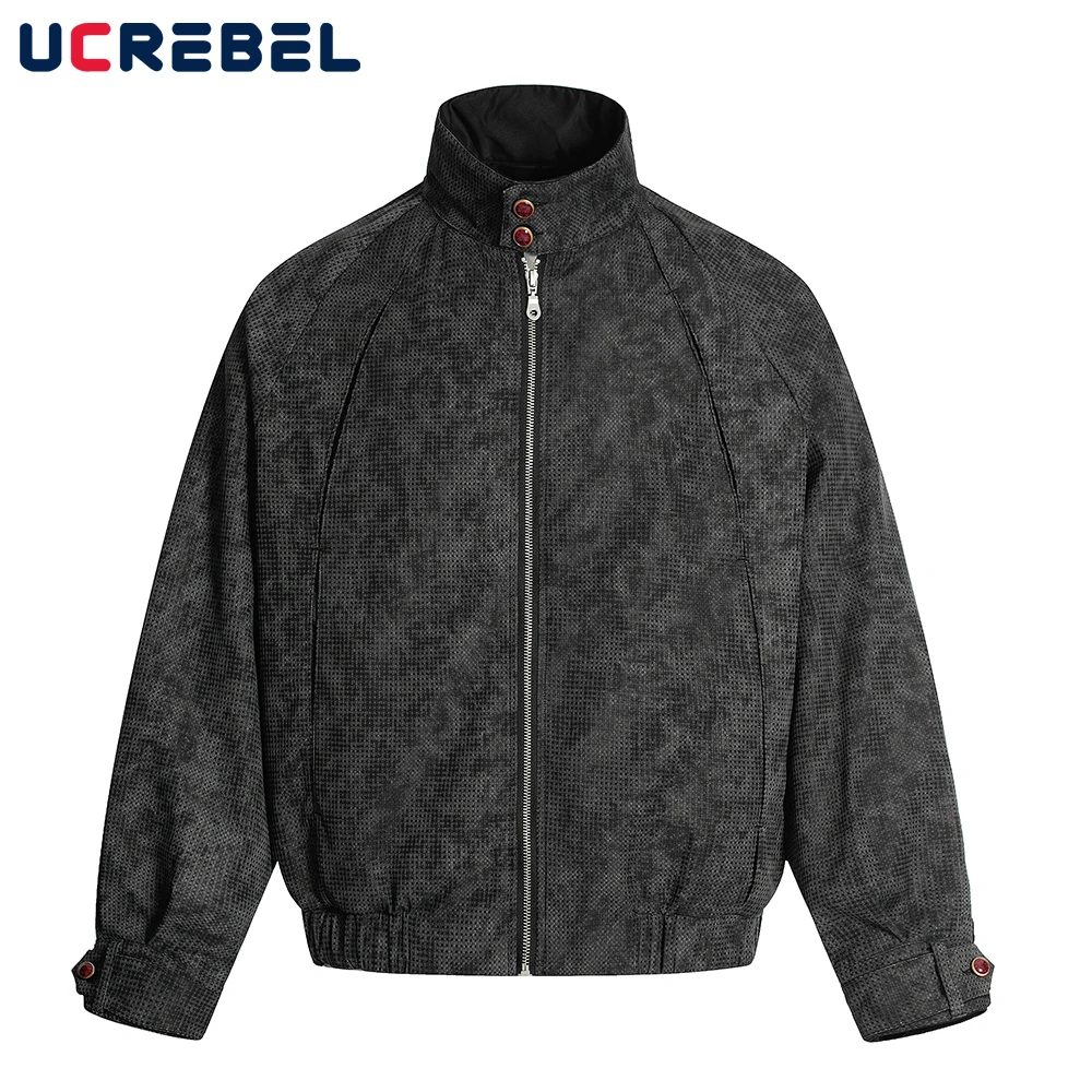 

Tie-dye Spliced Jacket Mens Autumn Retro High Street Lapel Long Sleeve Loose Motorcycle Outerwear Men